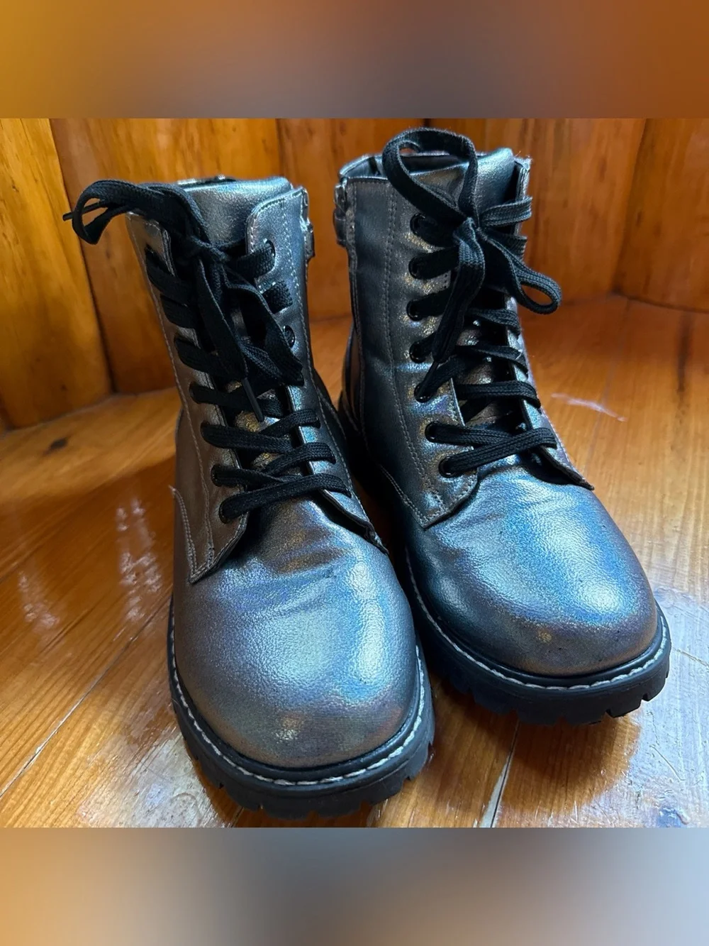 Target Metallic Silver Lace-Up Kids Combat Boots